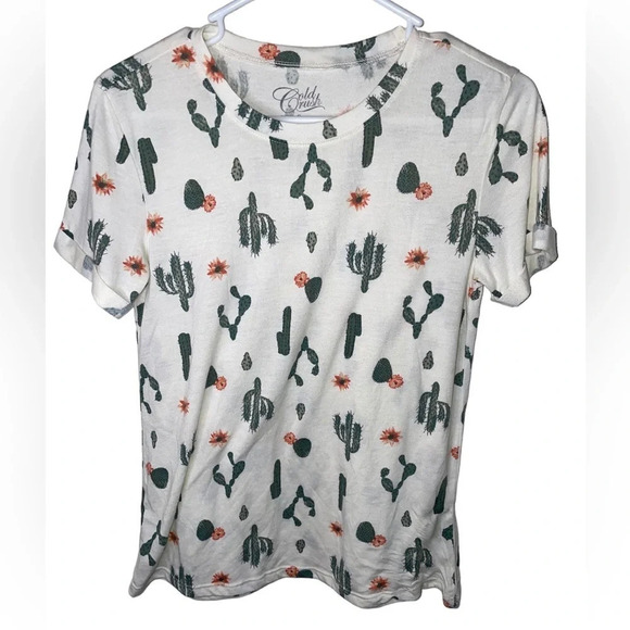 Cold Crush Tops - Cold Crush White, Cactus themed T-shirt, With rolled sleeves, Size S women’s.